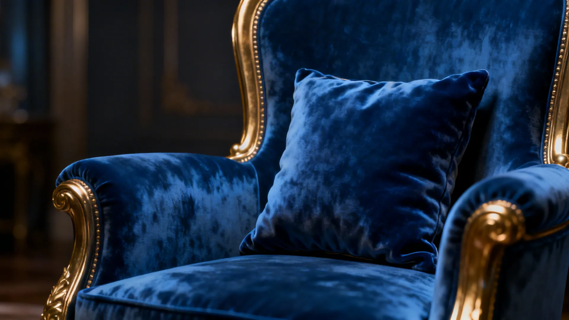 Blue velvet sofa with gold frame and a matching blue pillow in a dark room