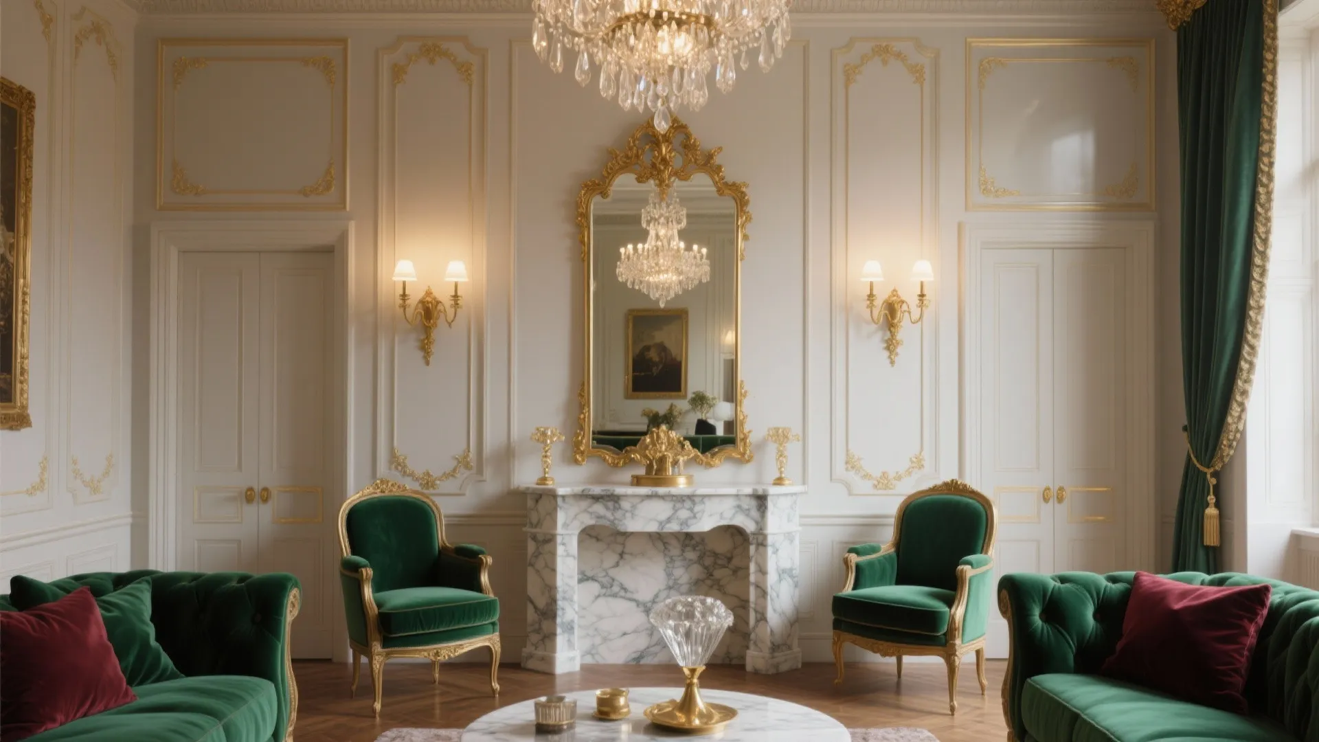 Luxury living room with green sofas marble fireplace golden wall light and a large ceiling light