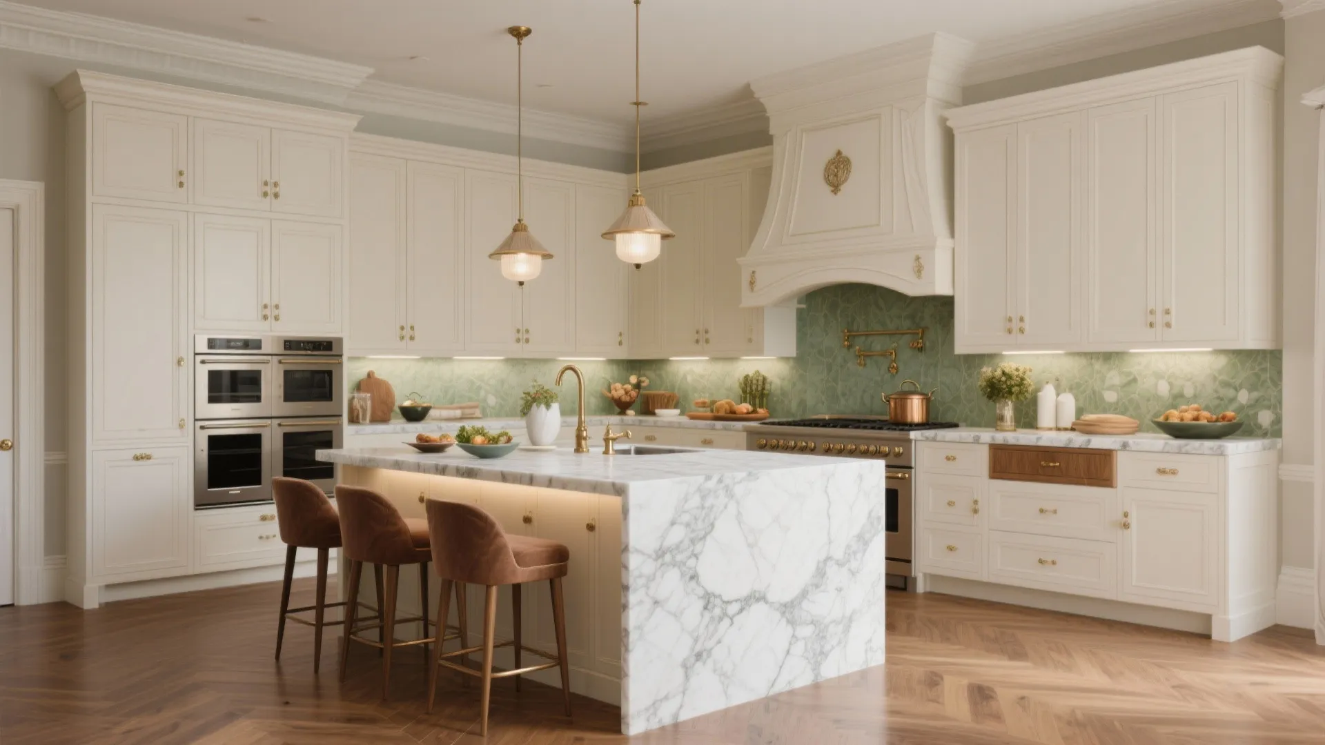 Luxury kitchen with white cabinets, marble island, brown chairs, gold faucets, and green tiled backsplash