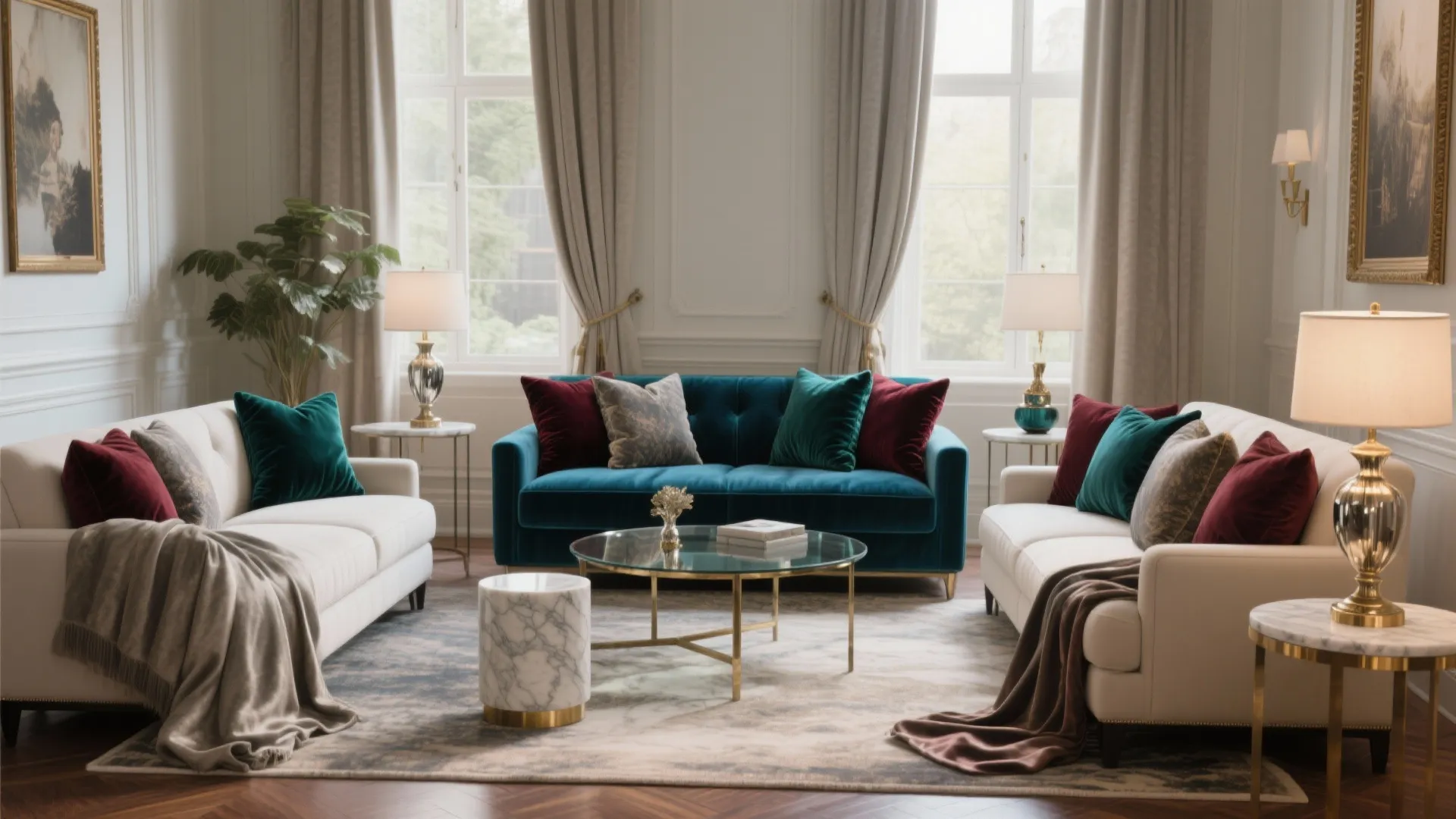 Luxury living room with white sofas teal velvet sofa marble tables and gold wall light fixtures
