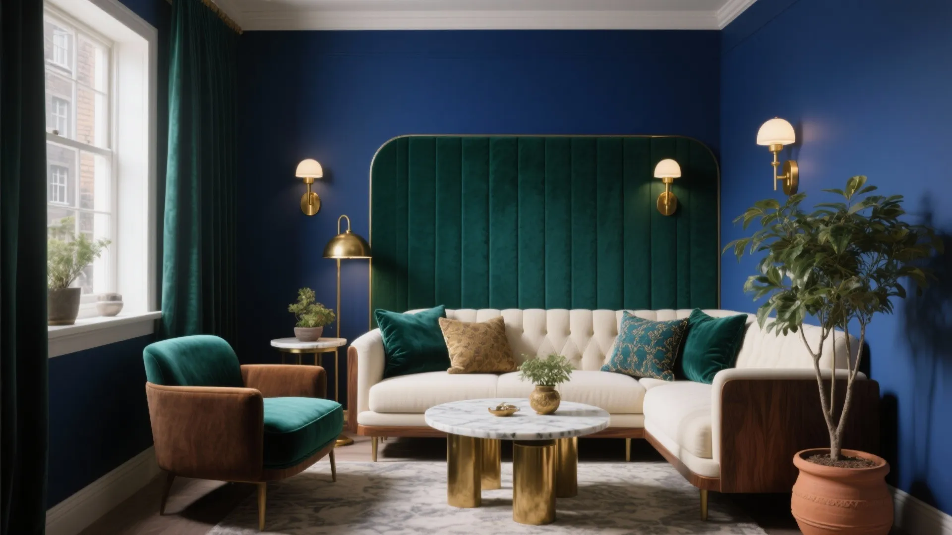 Blue living room with green wall panel white sofa marble table gold wall lights plant