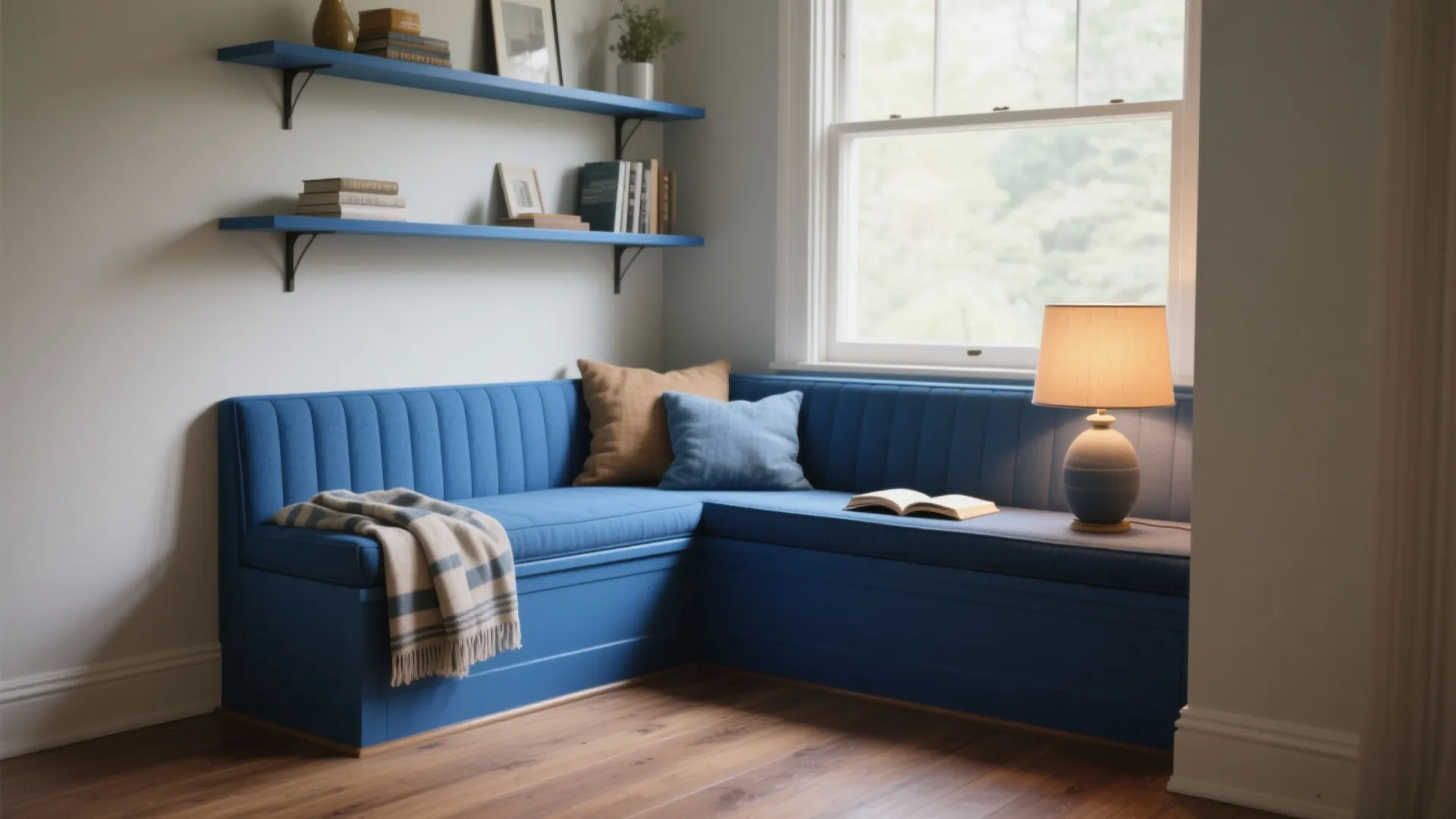 Blue corner bench seating area with pillows lamp open book wooden floor and blue shelf