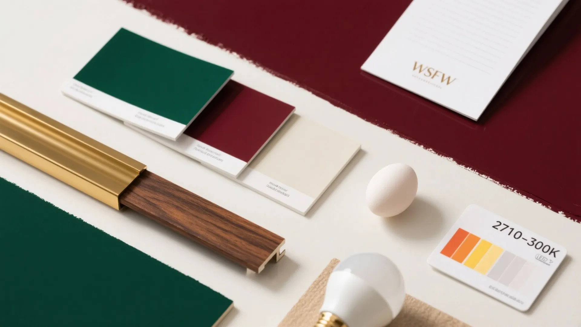 Top-down material flat lay with deep green and oxblood swatches, warm white, brass rail, and walnut.