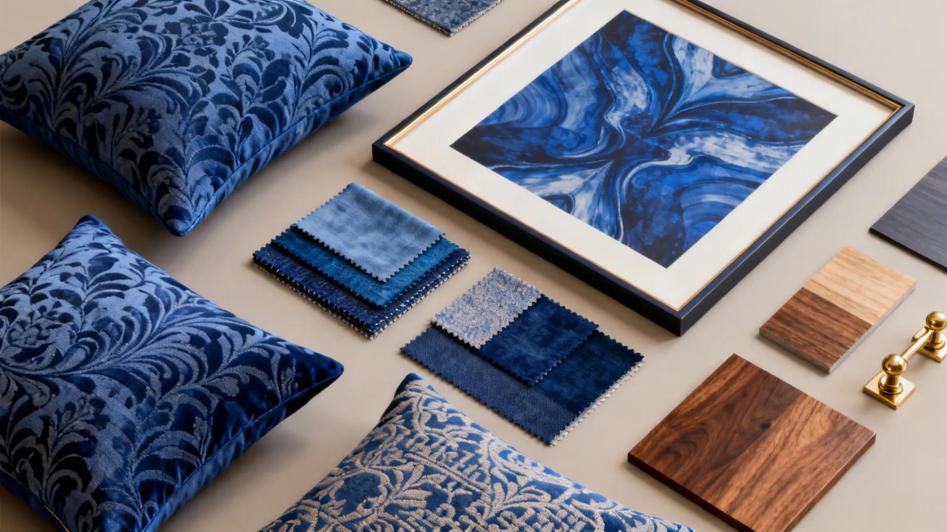 Blue patterned pillows fabric samples wood pieces and gold cabinet handle on a beige flat surface