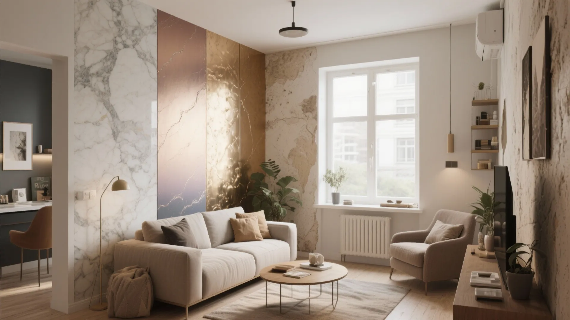 Modern living room with beige sofa white marble wall panel wooden coffee table and natural light