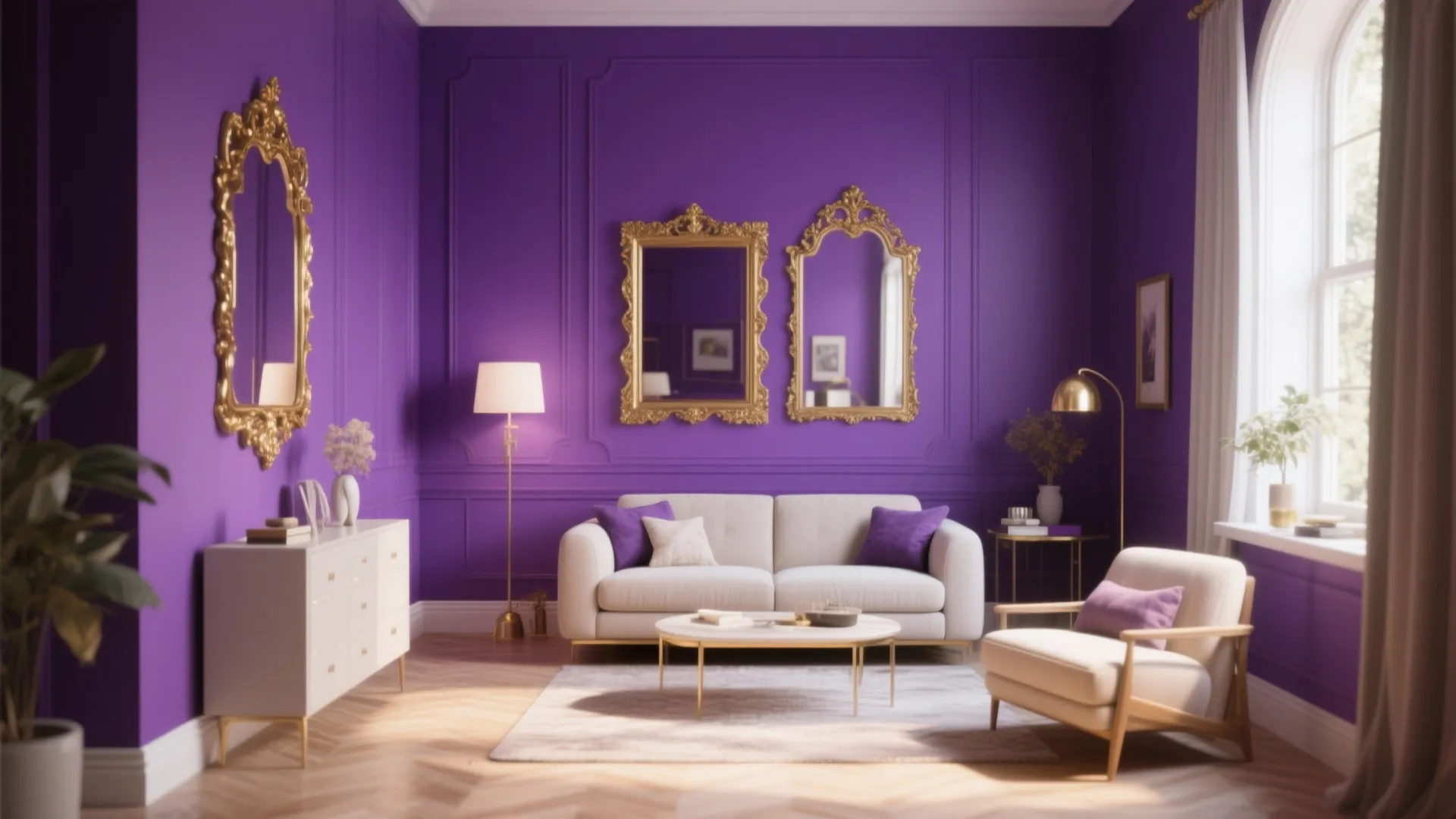 Elegant living room with purple wall panels white sofa gold mirrors wooden floor and floor lamp