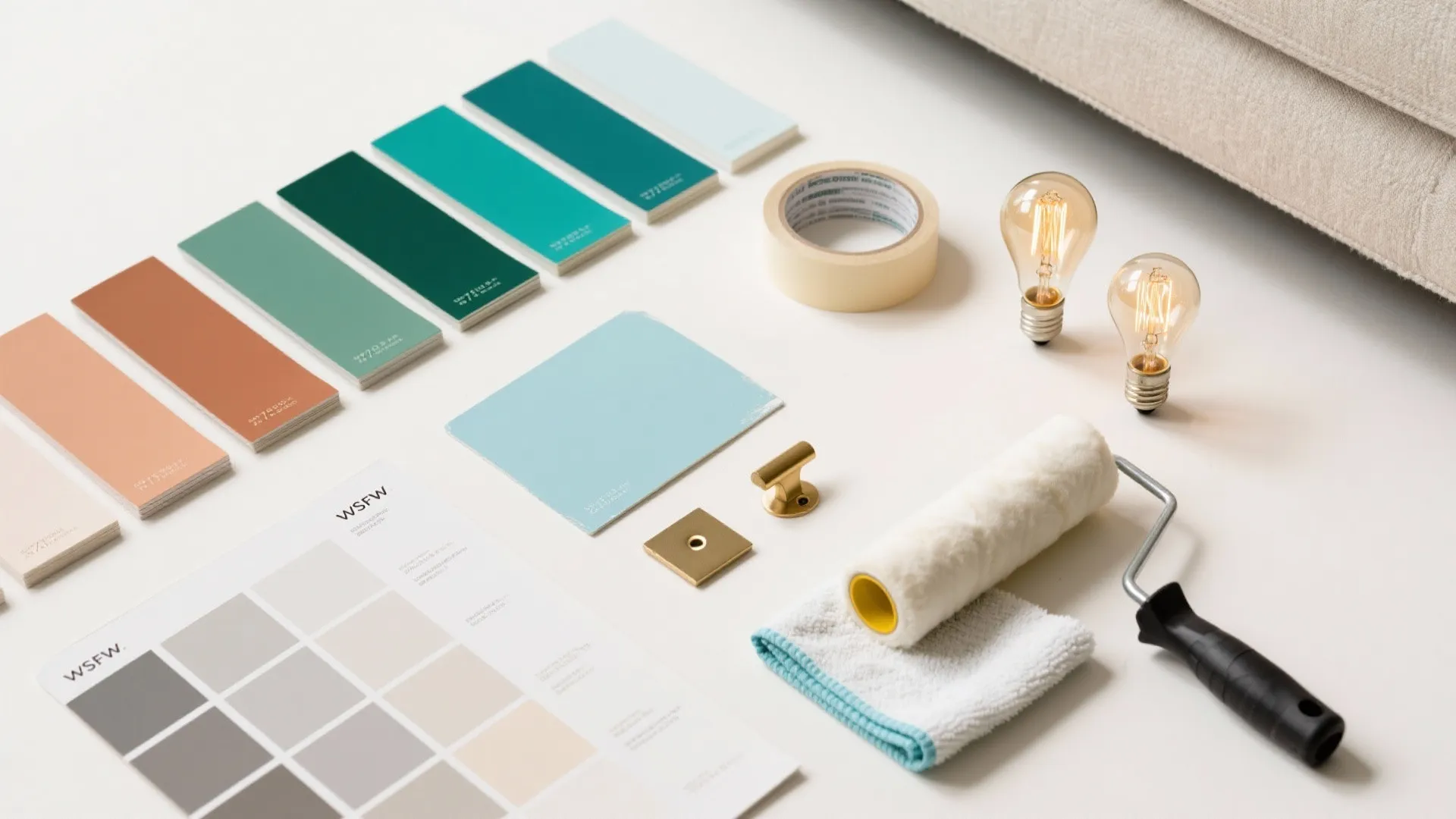 Paint swatches light bulbs gold handles tape and paint roller arranged on a white surface
