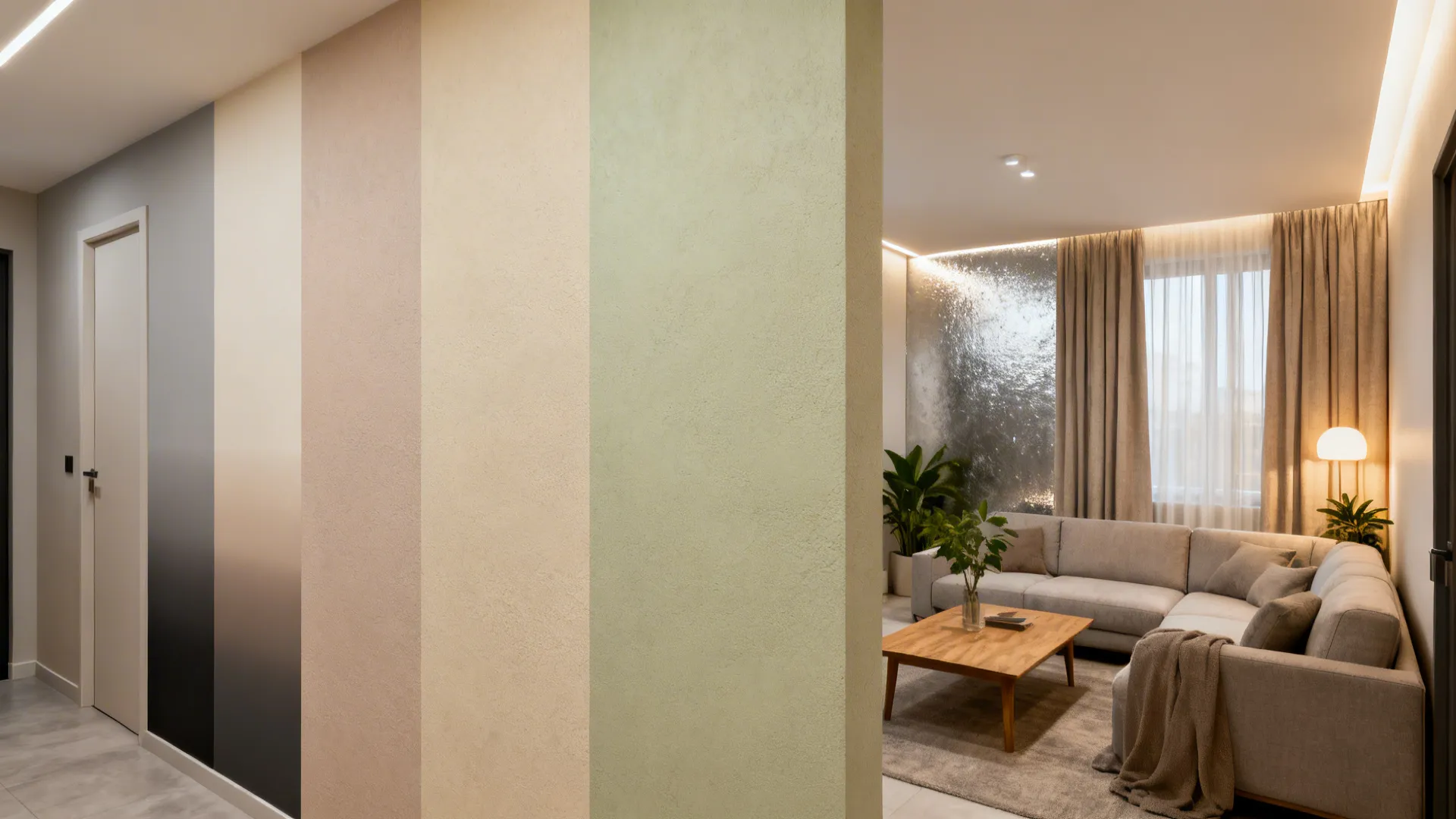Modern living room showing different colored wall panels with a grey sofa and wooden table