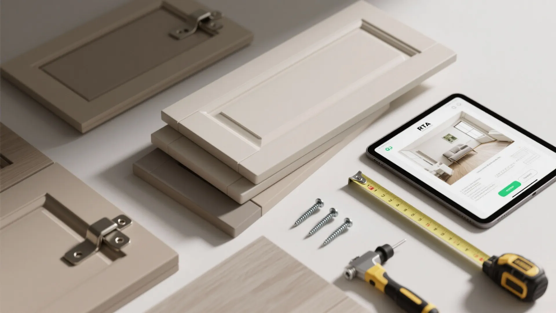 Cabinet door samples with tools screws and a tablet displaying kitchen interior design on table
