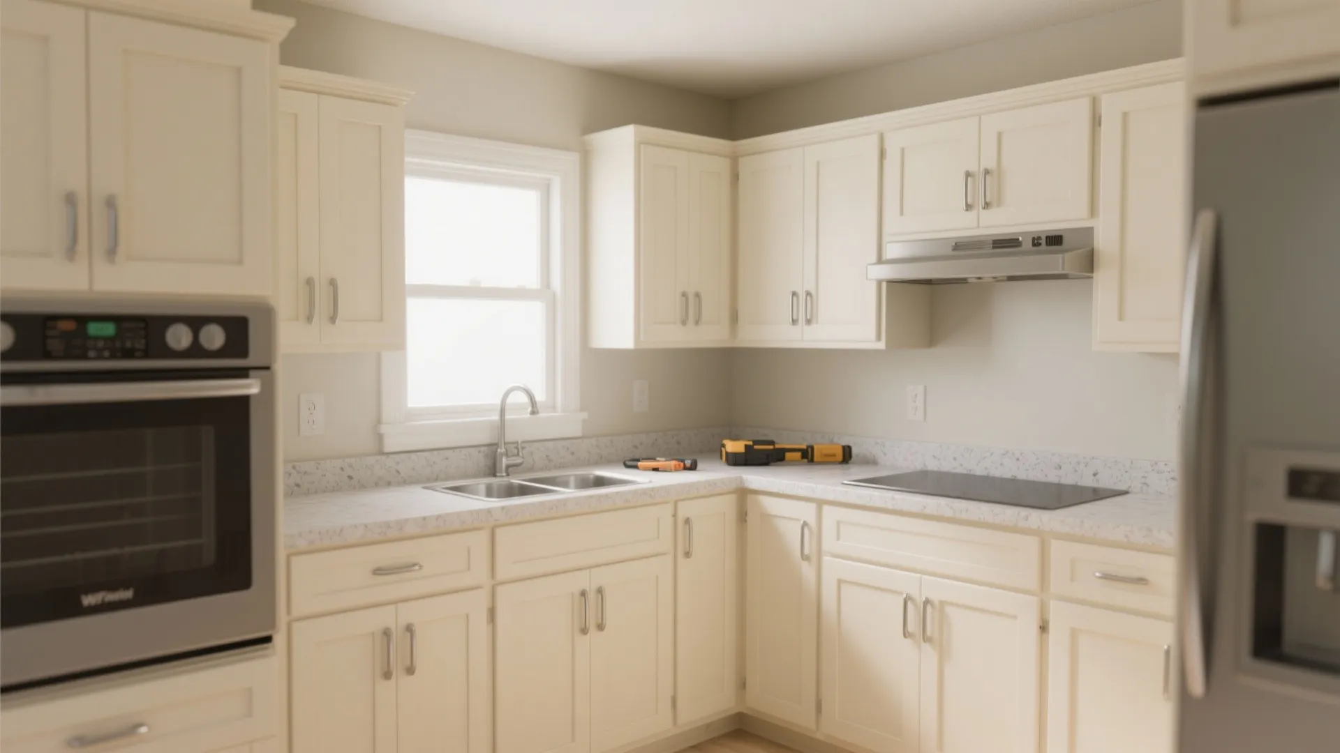 Modern cream kitchen with white marble countertop double sink oven and light wood floor design