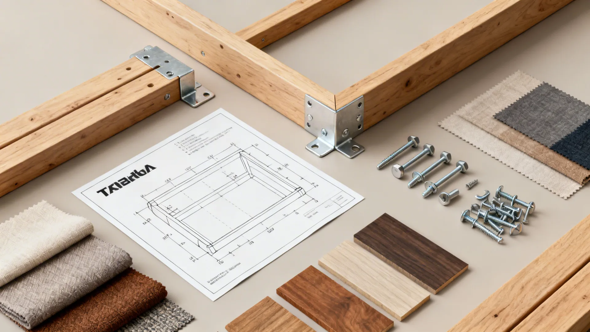 Flatlay of RTA furniture materials including wood frame pieces, hardware, and fabric swatches.