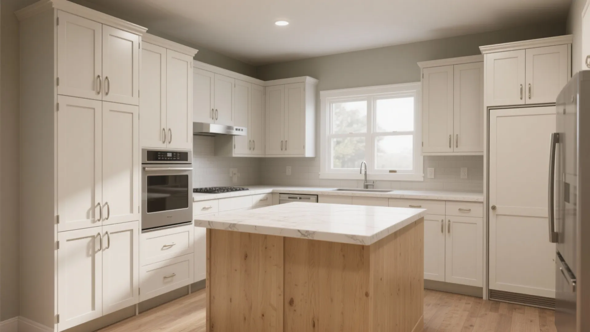 Bright modern kitchen featuring white cabinets wooden island with marble top and stainless steel appliances