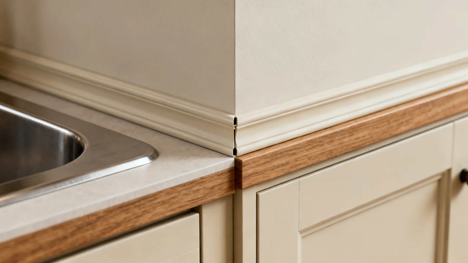 Close-up of trim where an RTA base cabinet blends with a custom sink cabinet.