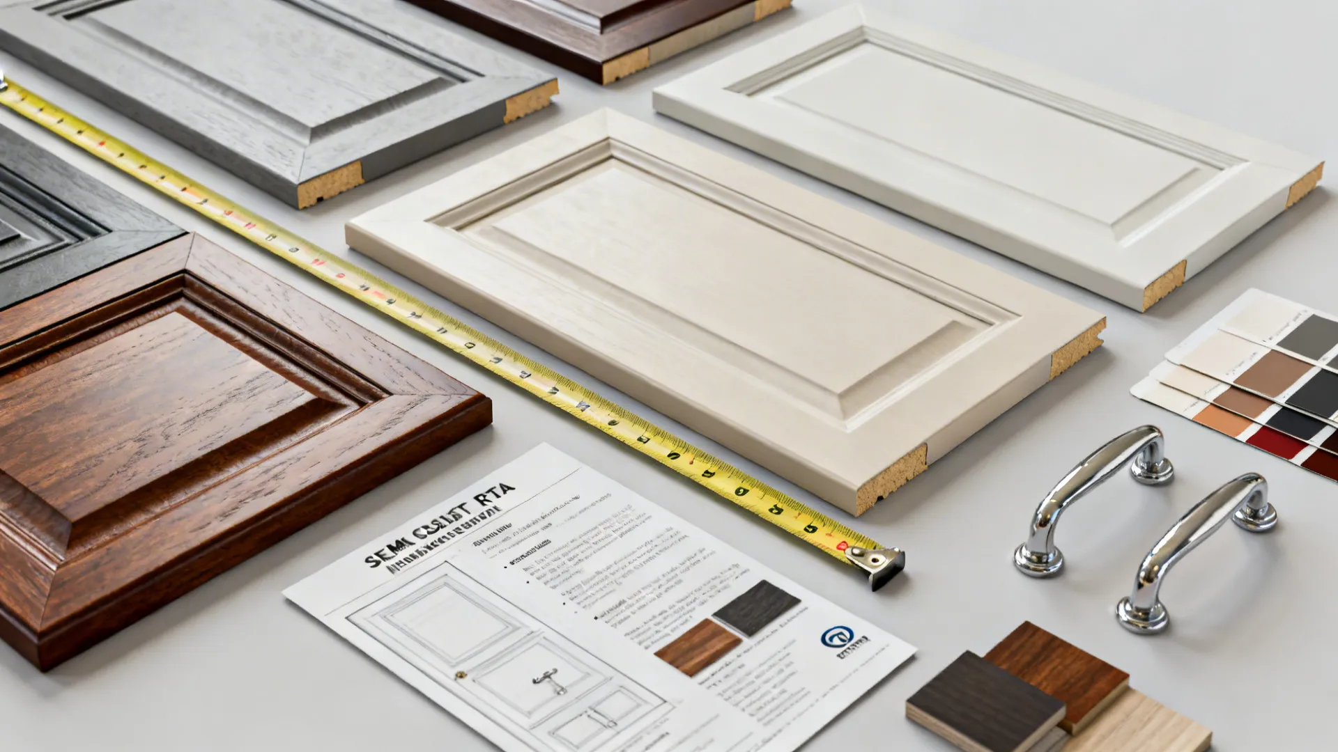 Flatlay of semi-custom and RTA cabinet door samples with hardware and measuring tape