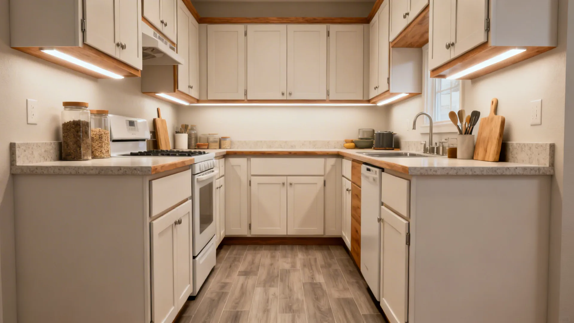 Small kitchen with RTA cabinets, upgraded fronts, LED task lights, and vinyl plank flooring.