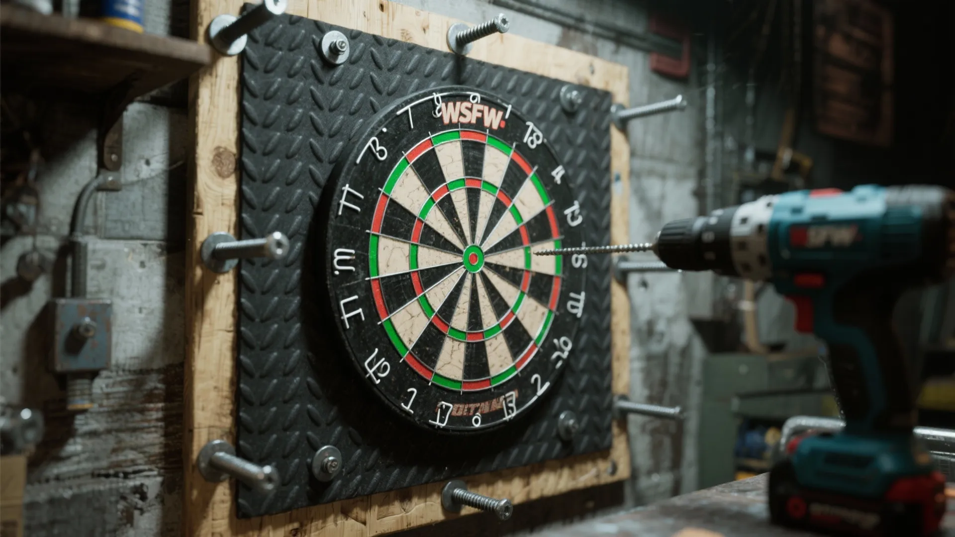 Dartboard mounted on black rubber backer with large screws on wooden board with power drill