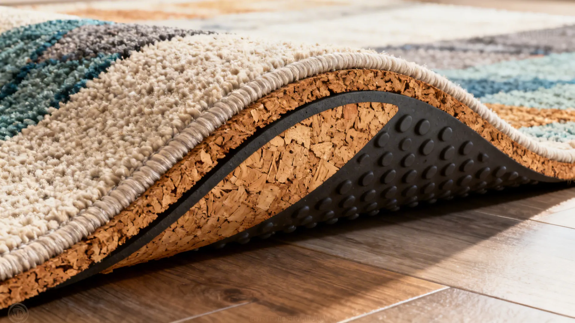 Underside of a rug showing natural rubber or cork backing for non-toxic grip