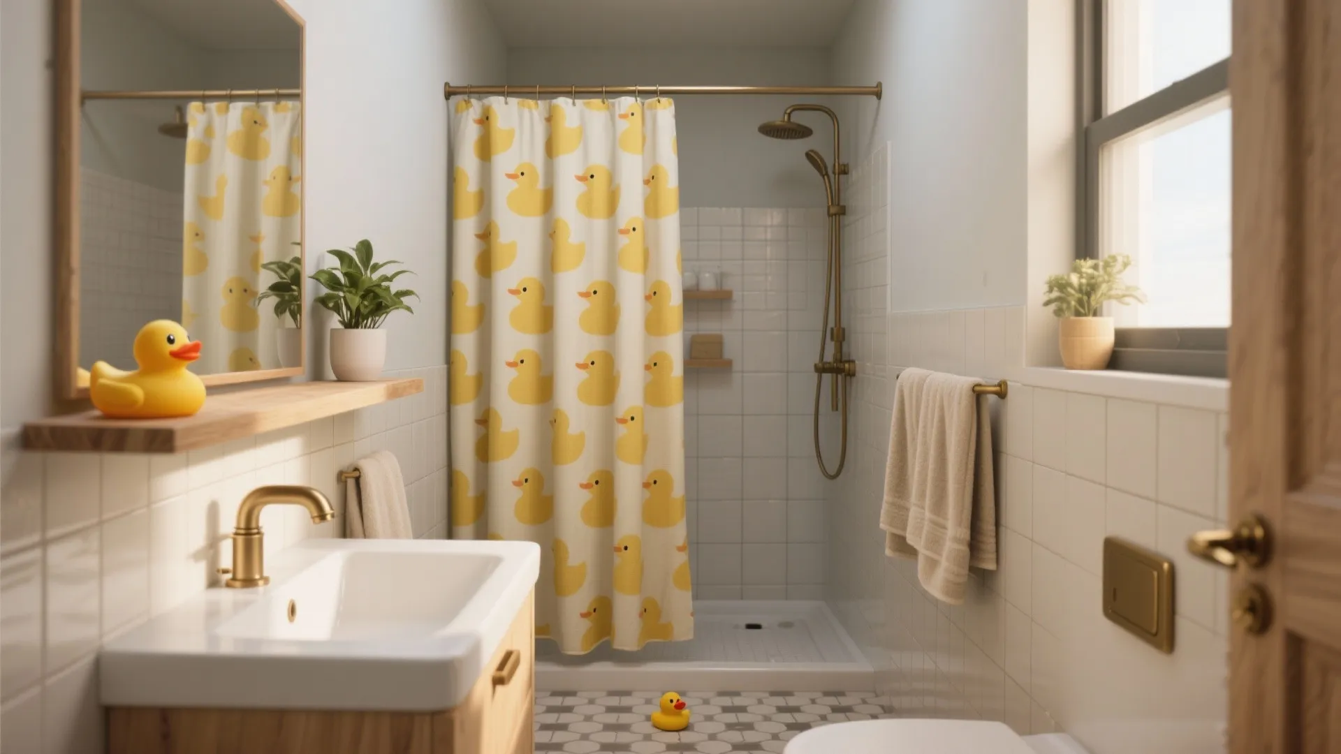 Modern bathroom with white sink gold faucet yellow duck curtain shower head and tiled floor area