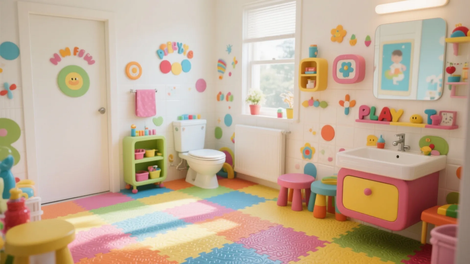 Colorful kids bathroom with rainbow floor mats pink stools and bright wall stickers for play