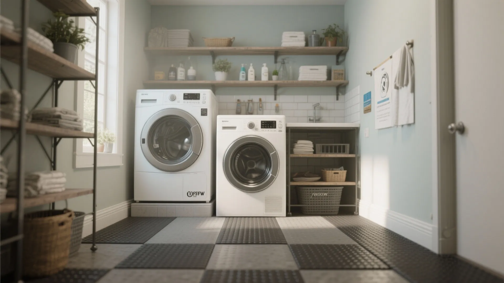 Laundry area with textured rubber tile flooring for grip and sound dampening.