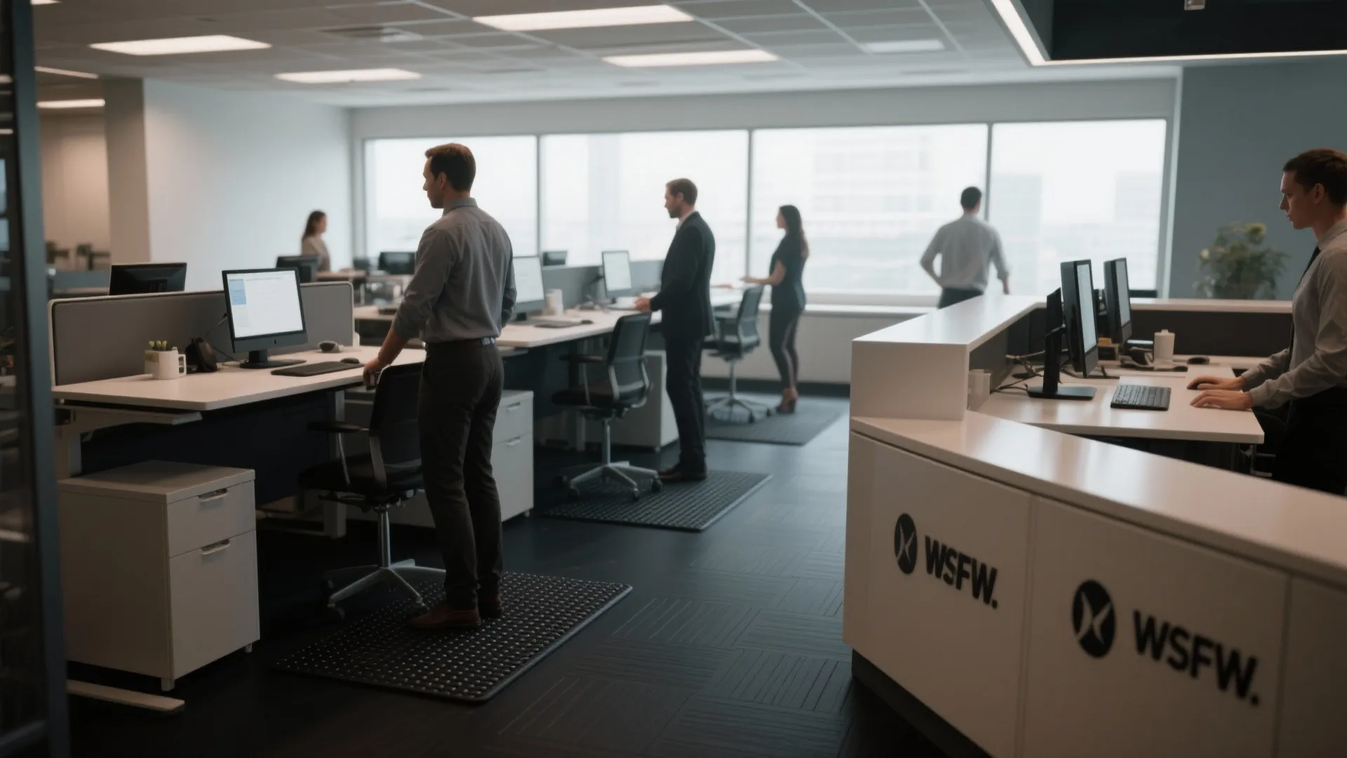 Standing desks and reception area with dark rubber flooring and anti-fatigue mats.