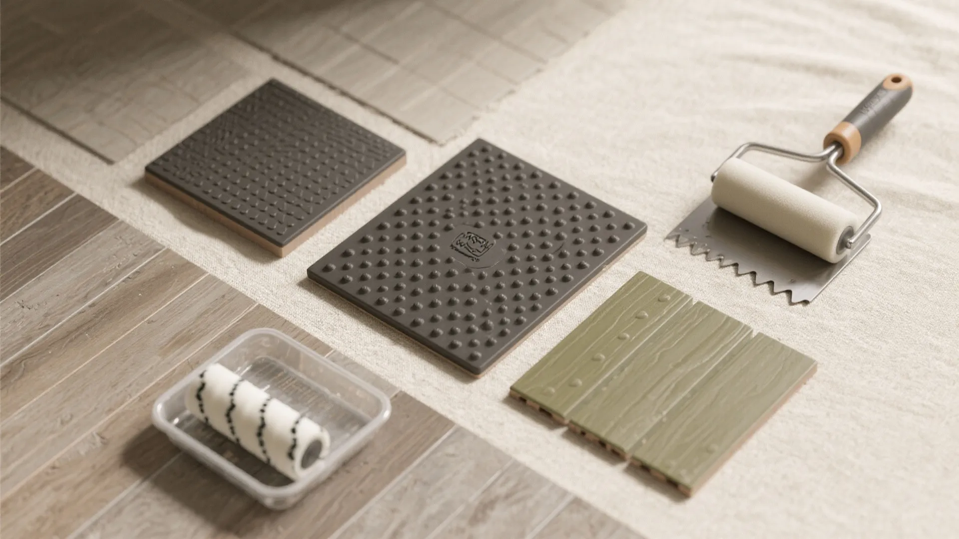 Floor tile samples with different textures and colors placed beside a paint roller and tray