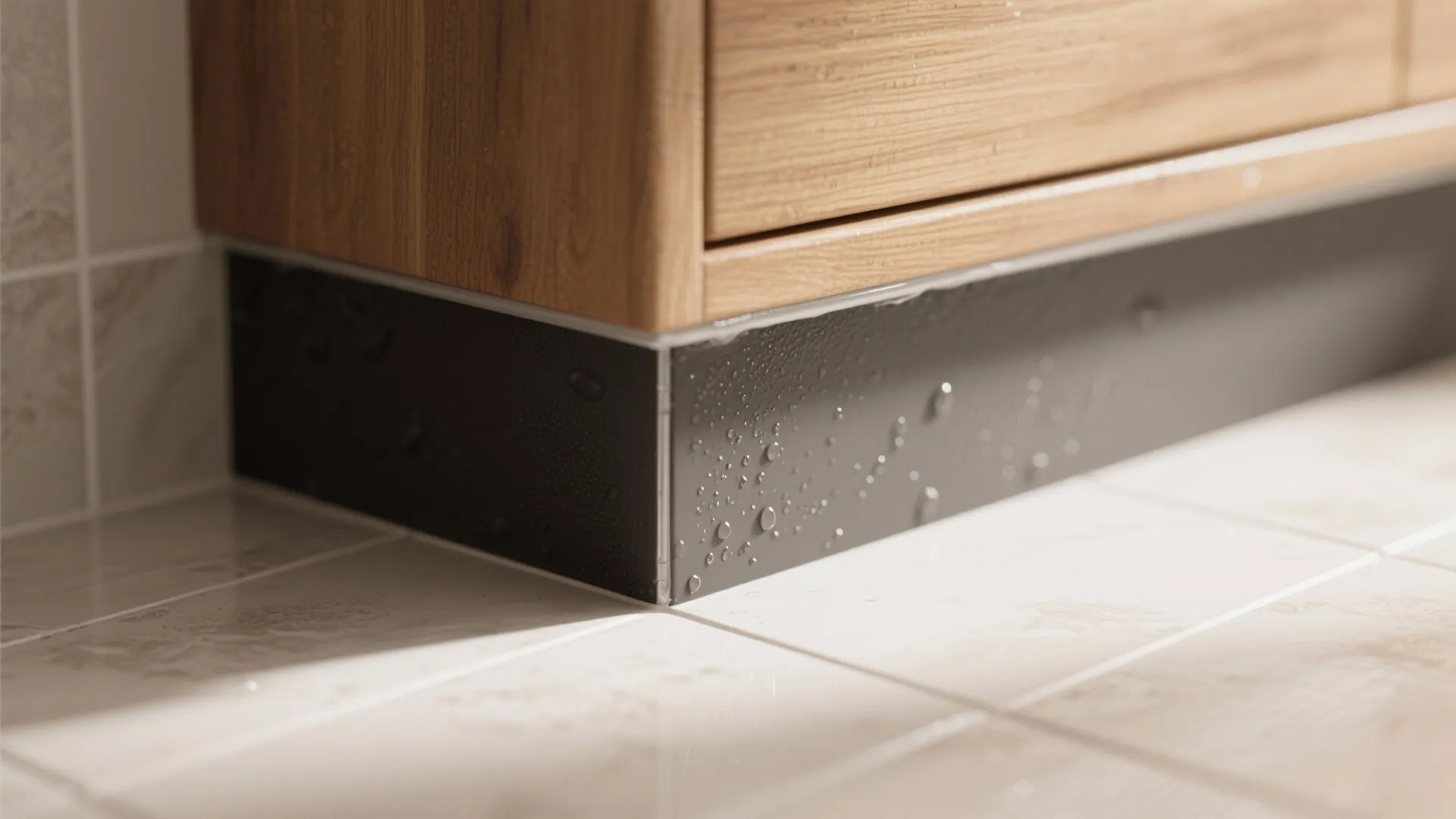 Close up of wooden cabinet base with black waterproof strip and water droplets on floor