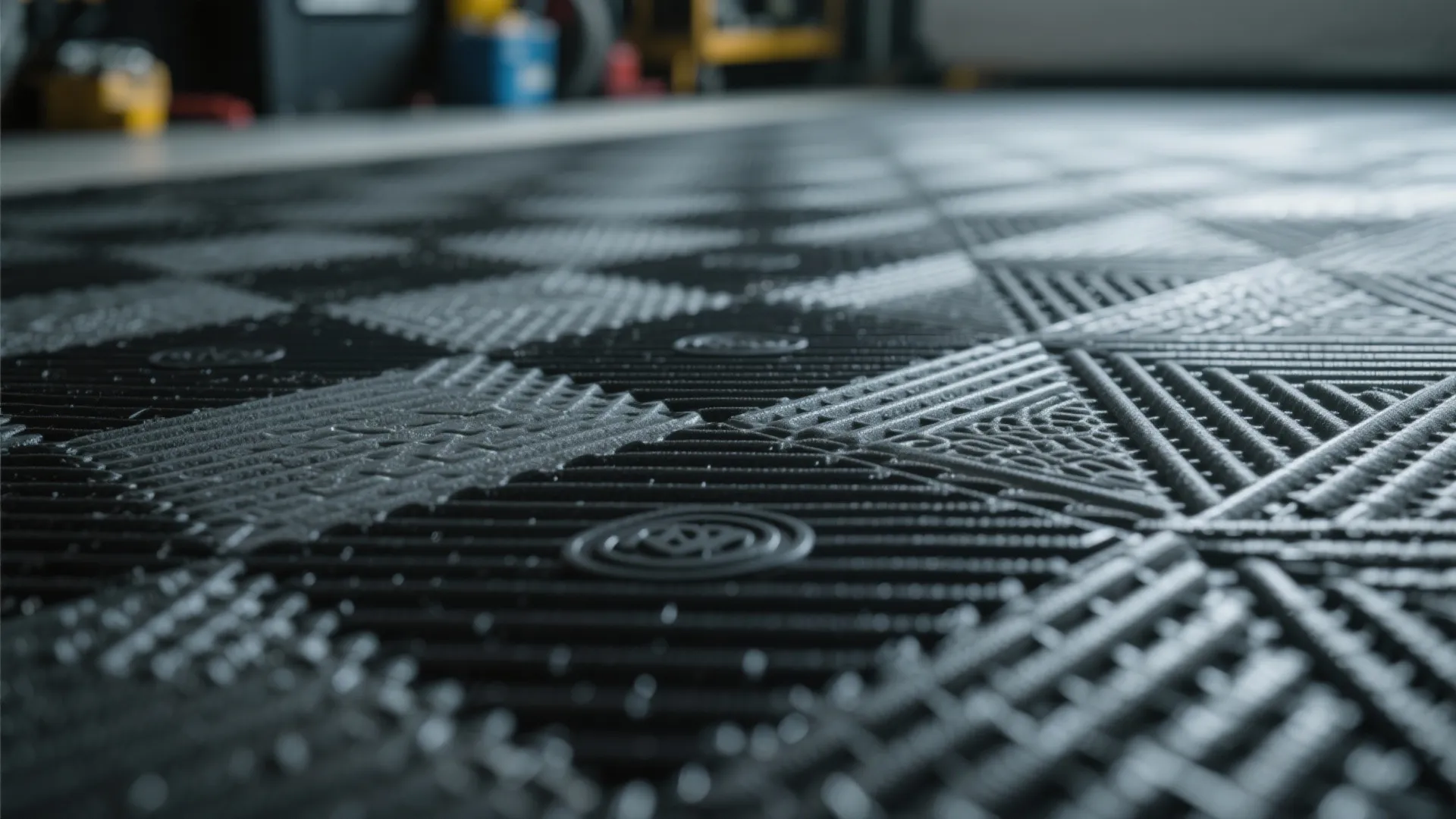 Black rubber interlocking floor mats with textured pattern for garage flooring protection in home workshop