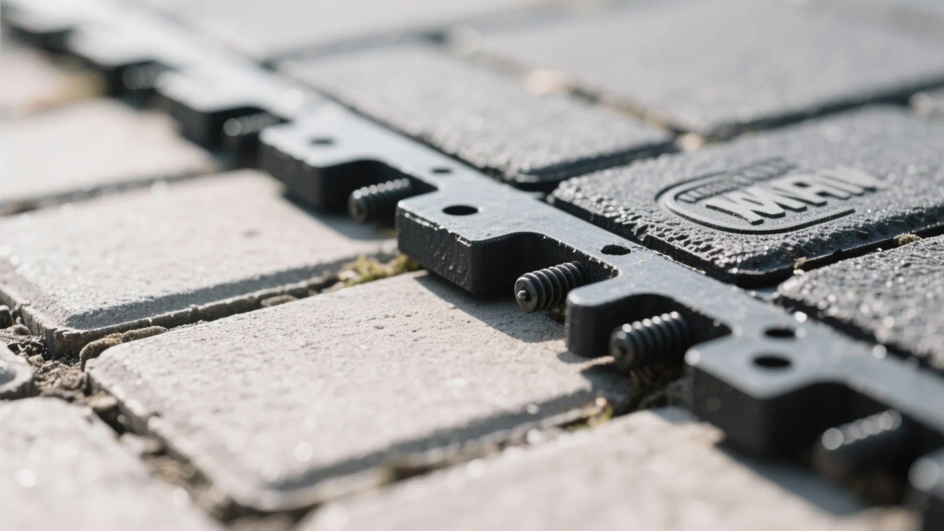 Close up shot of black interlocking floor tiles with textured surface and small connection parts