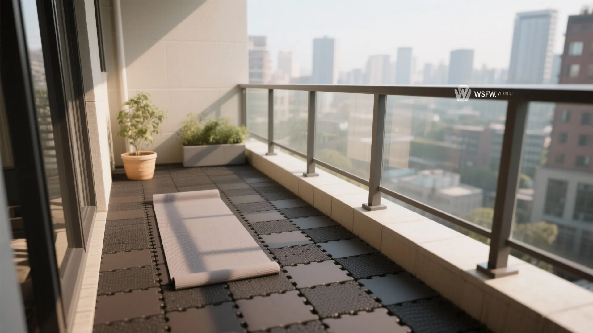 Modern balcony featuring black interlocking floor tiles with a yoga mat and potted green plants