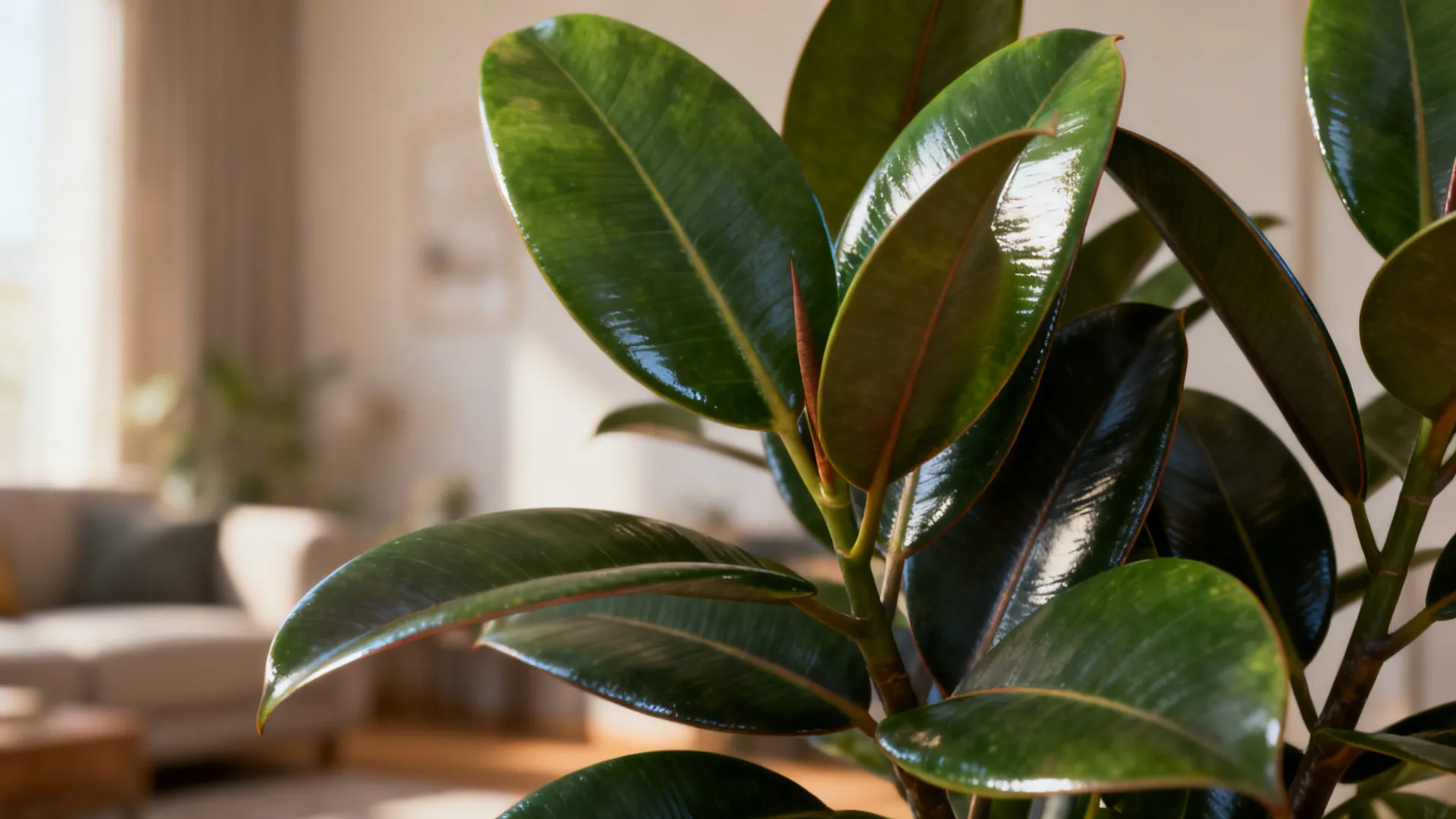 Macro view of glossy rubber plant leaves in soft indoor light.