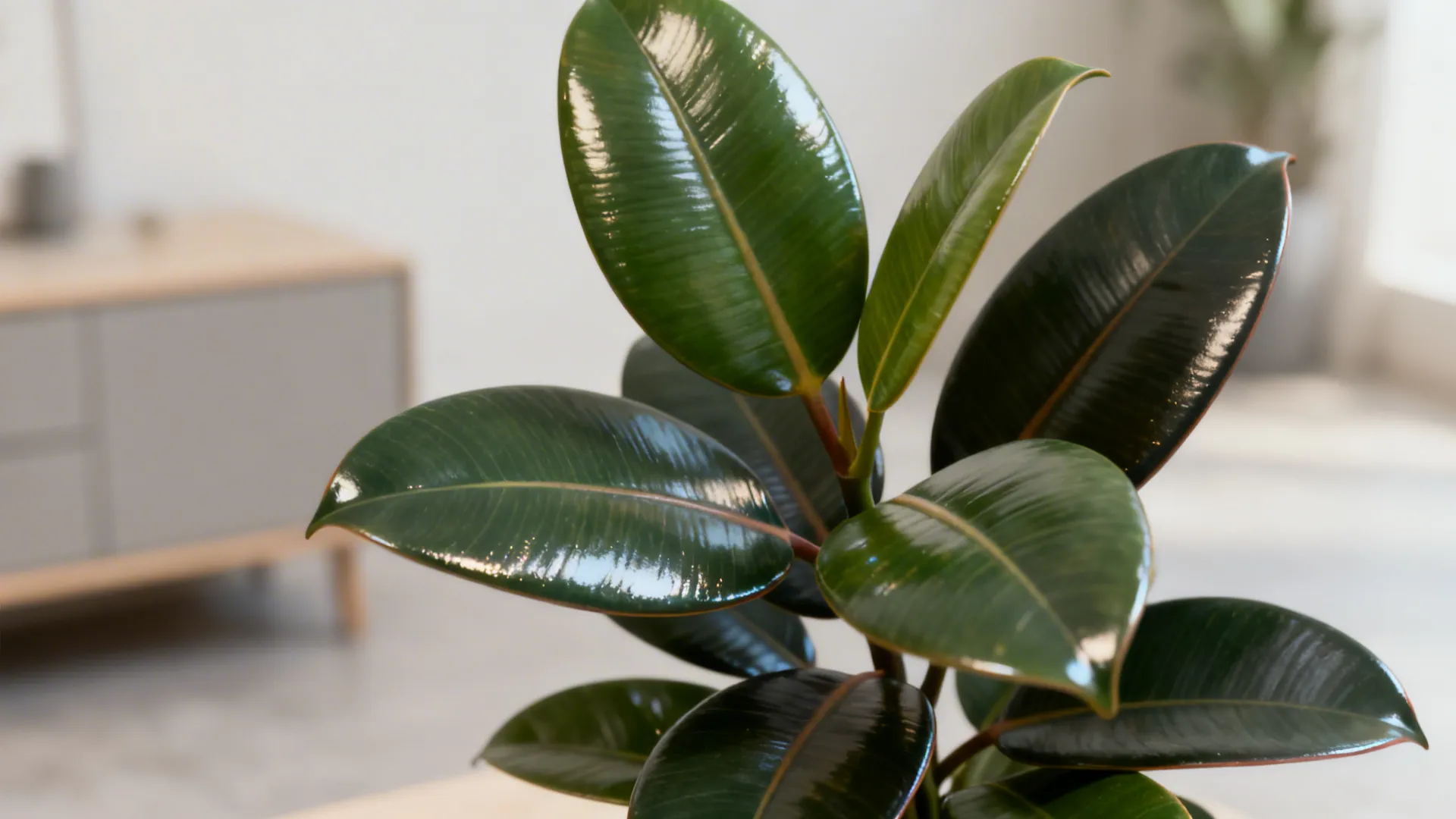 Macro of glossy large leaves of an artificial rubber plant beside matte furniture