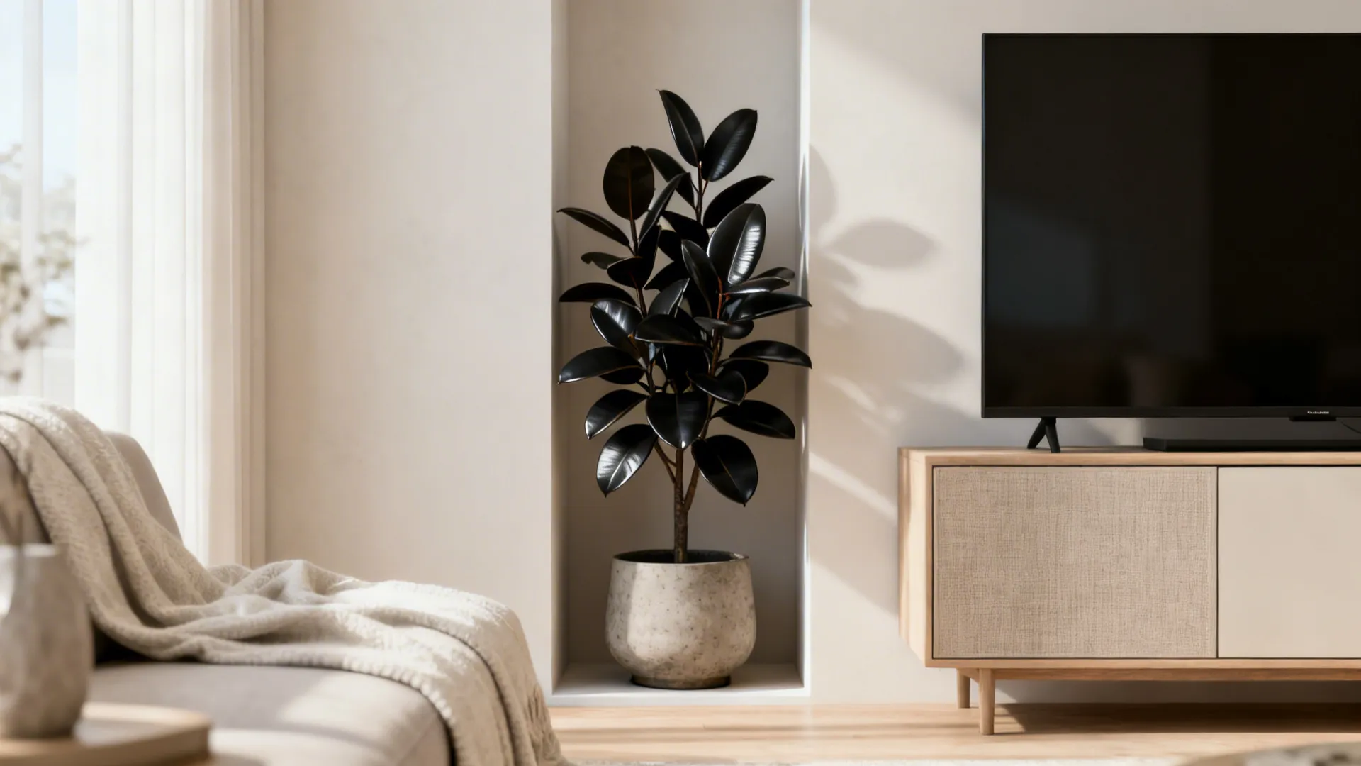 Faux rubber plant with dark matte leaves placed in a narrow niche beside a media cabinet