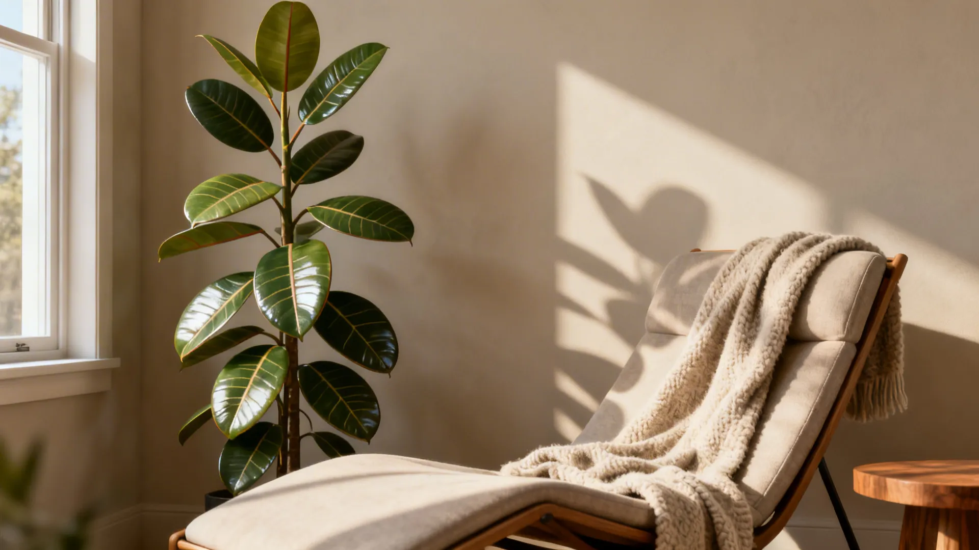 Reading nook with an artificial rubber plant showing realistic leaf veins and texture