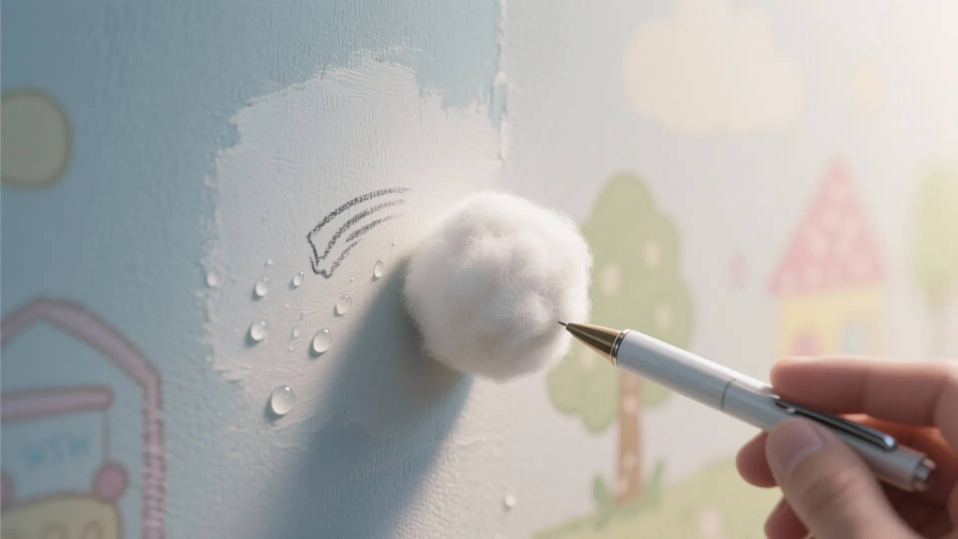 Cotton ball blotting a pen mark on painted drywall, showing careful removal with isopropyl alcohol.