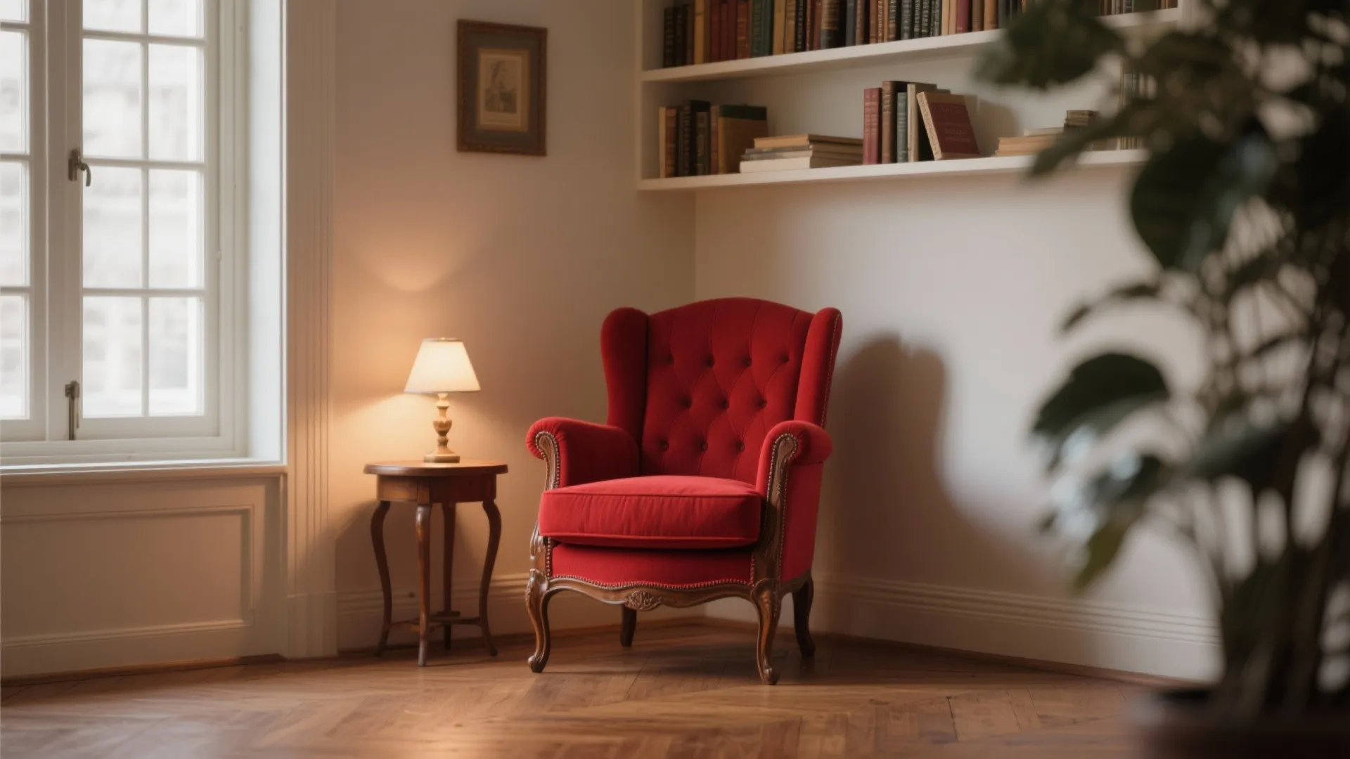 Classic red chair in a corner with wooden side table lamp and white wall bookshelves