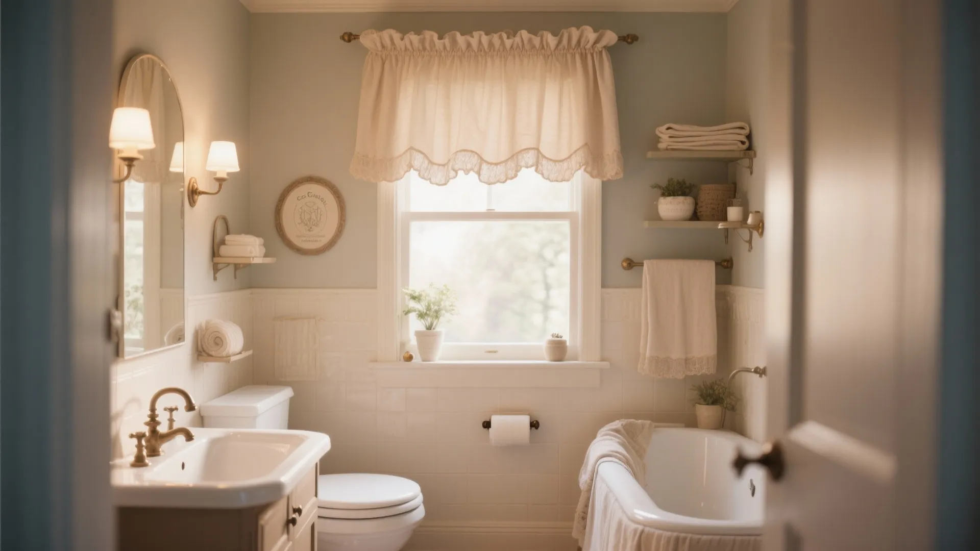 Vintage bathroom featuring a white sink, toilet, bathtub, and a light cream ruffled window curtain