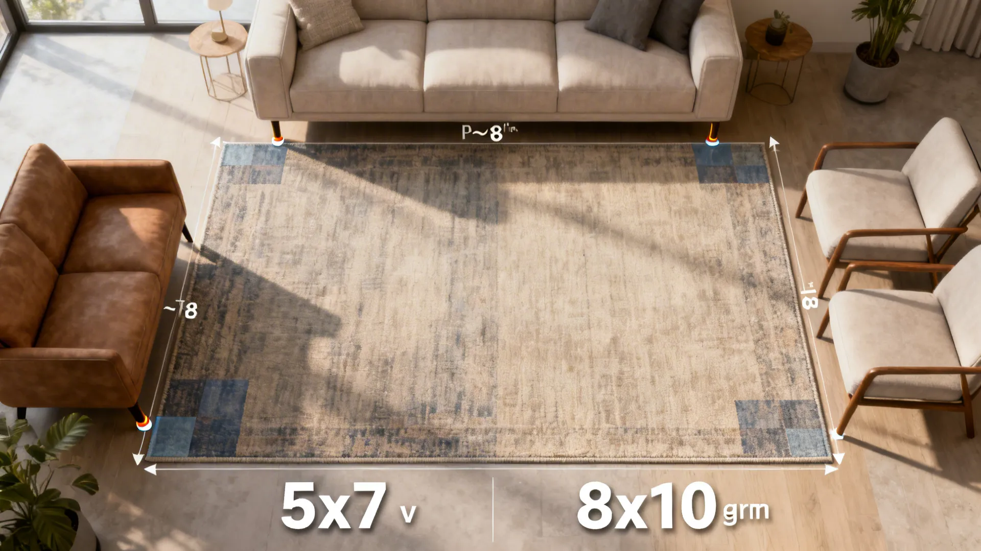 Top-down diagram of rug placement showing 8–18 inches extension and comparison of 5x7 versus larger rugs.