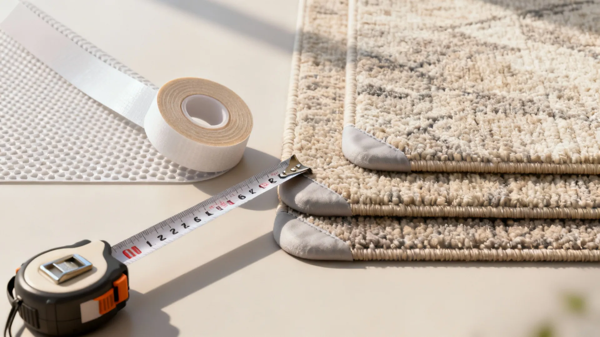 Measuring tape and rolls of tape next to stacked rugs and a white rug pad