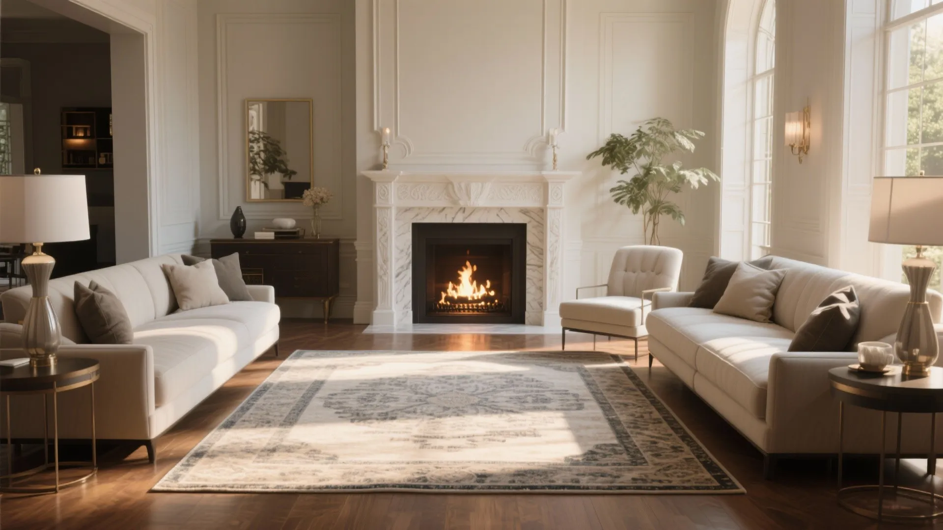 Luxury living room featuring white fireplace classic sofas patterned rug table lamps and large windows views