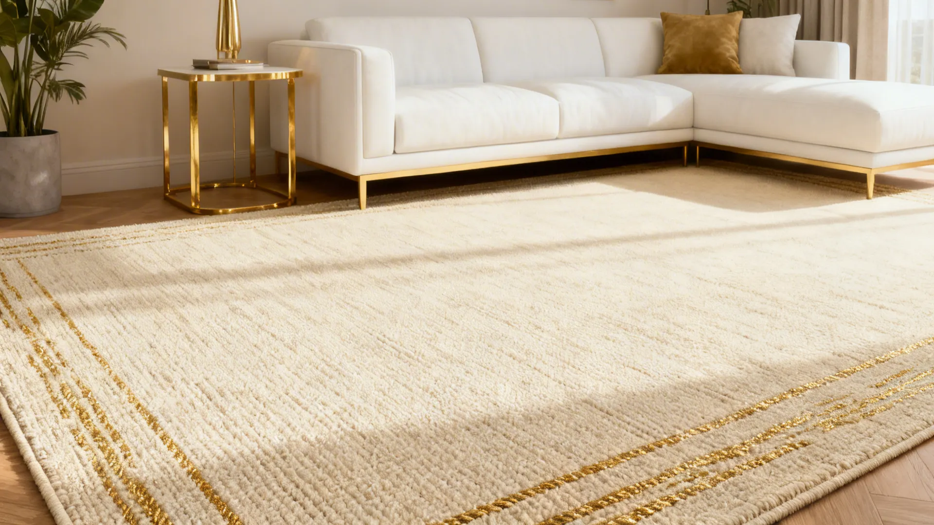 Cream patterned rug with subtle gold threads anchoring furniture in a small living room