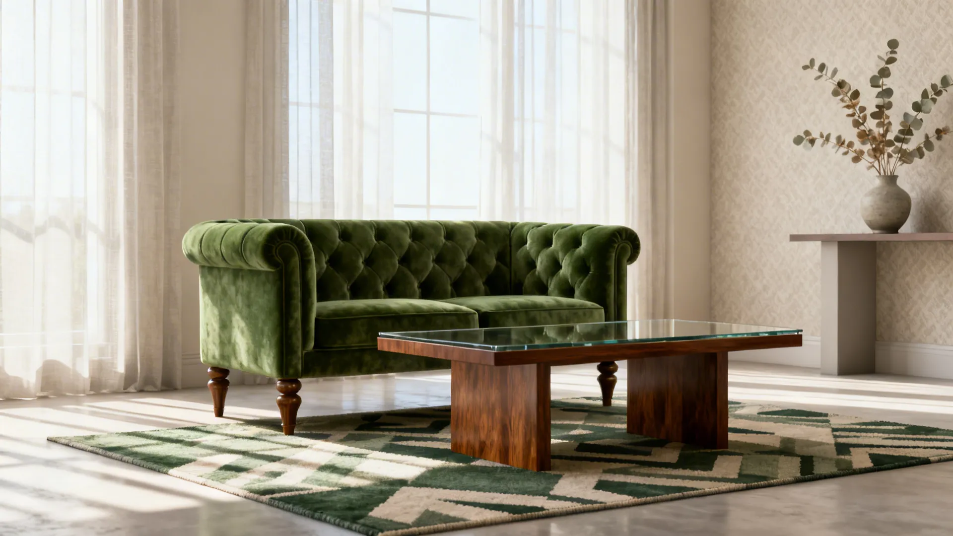 Compact green velvet loveseat on a patterned rug with muted green and neutral tones