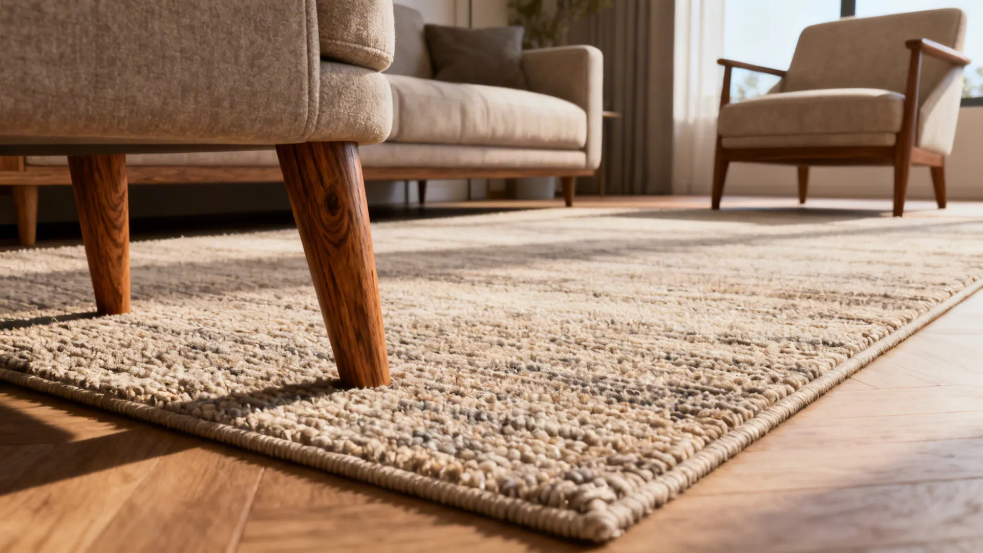 Textured beige area rug on wooden floor under sofa legs and a light brown wooden chair