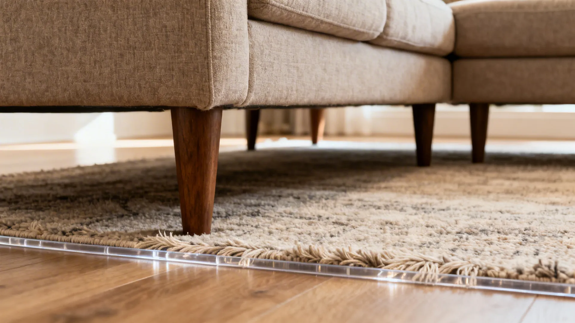 Close up sofa legs on rug over wood floor with clear plastic edge protector for safety