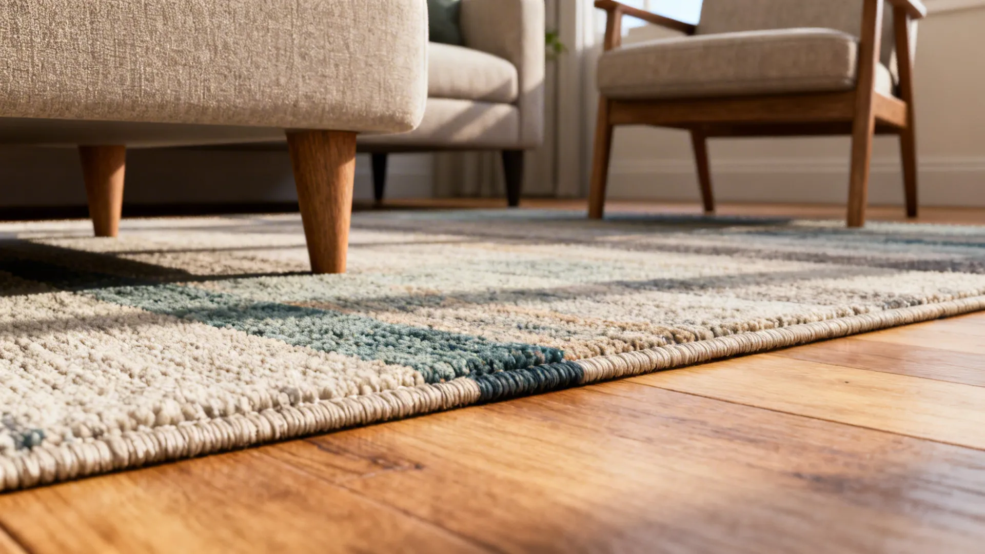 Rug anchoring seating with front legs of furniture resting on it to visually group pieces.