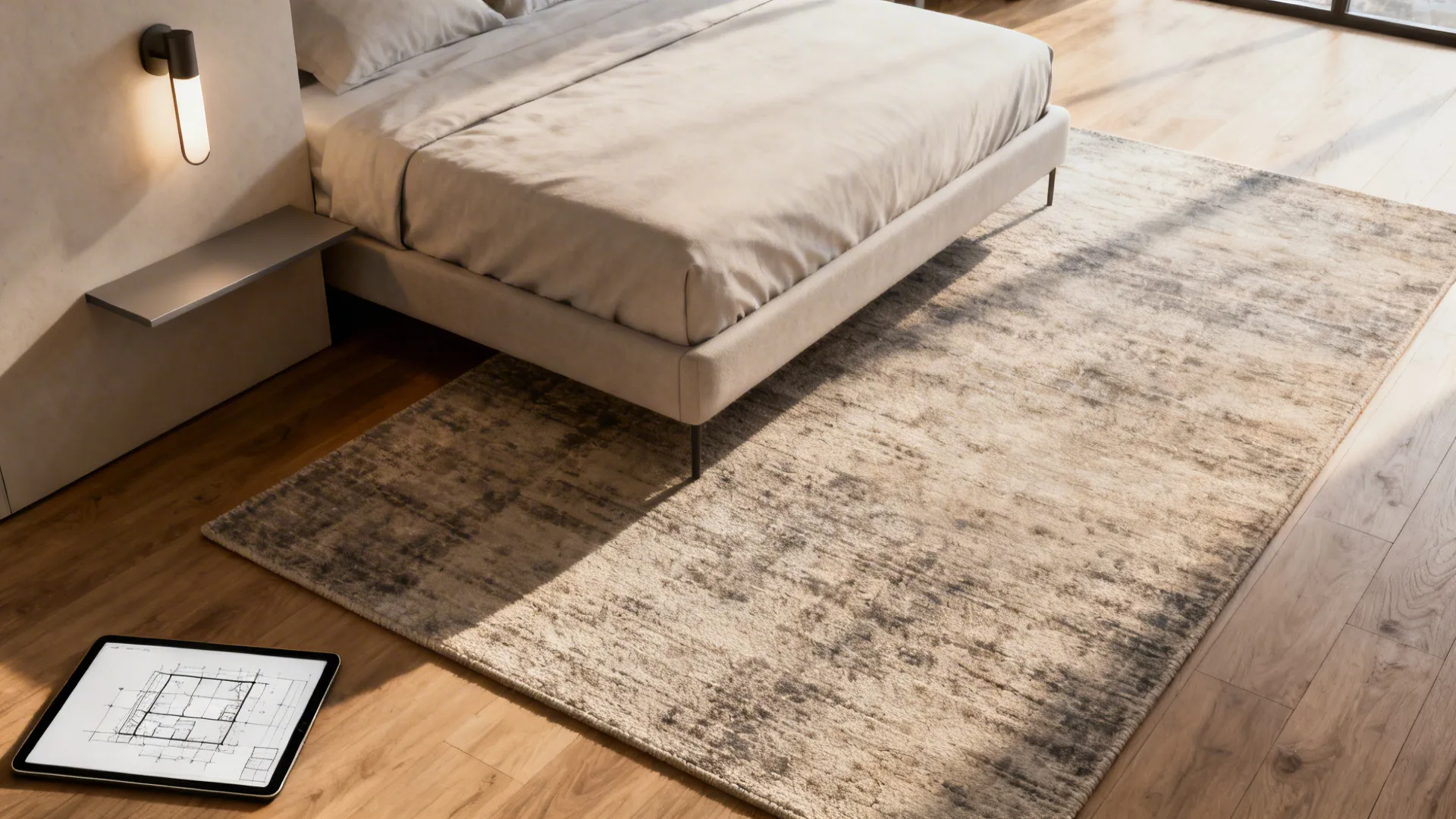 Diagonal bed anchored by a large rug with a slim corner shelf and wall sconce in a small bedroom.