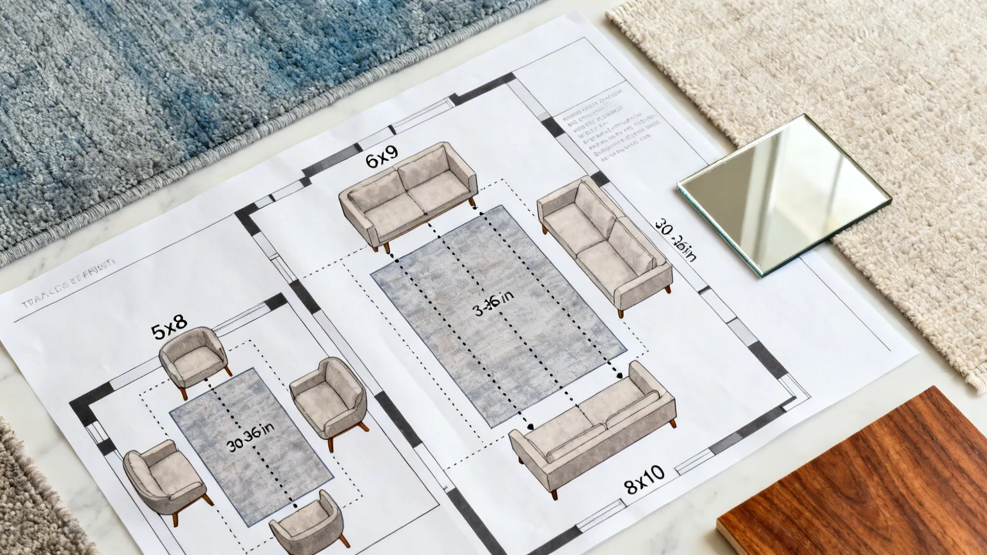 Flatlay of layered trace plans testing rug sizes with seating and dotted walking paths, plus rug and wood swatches.