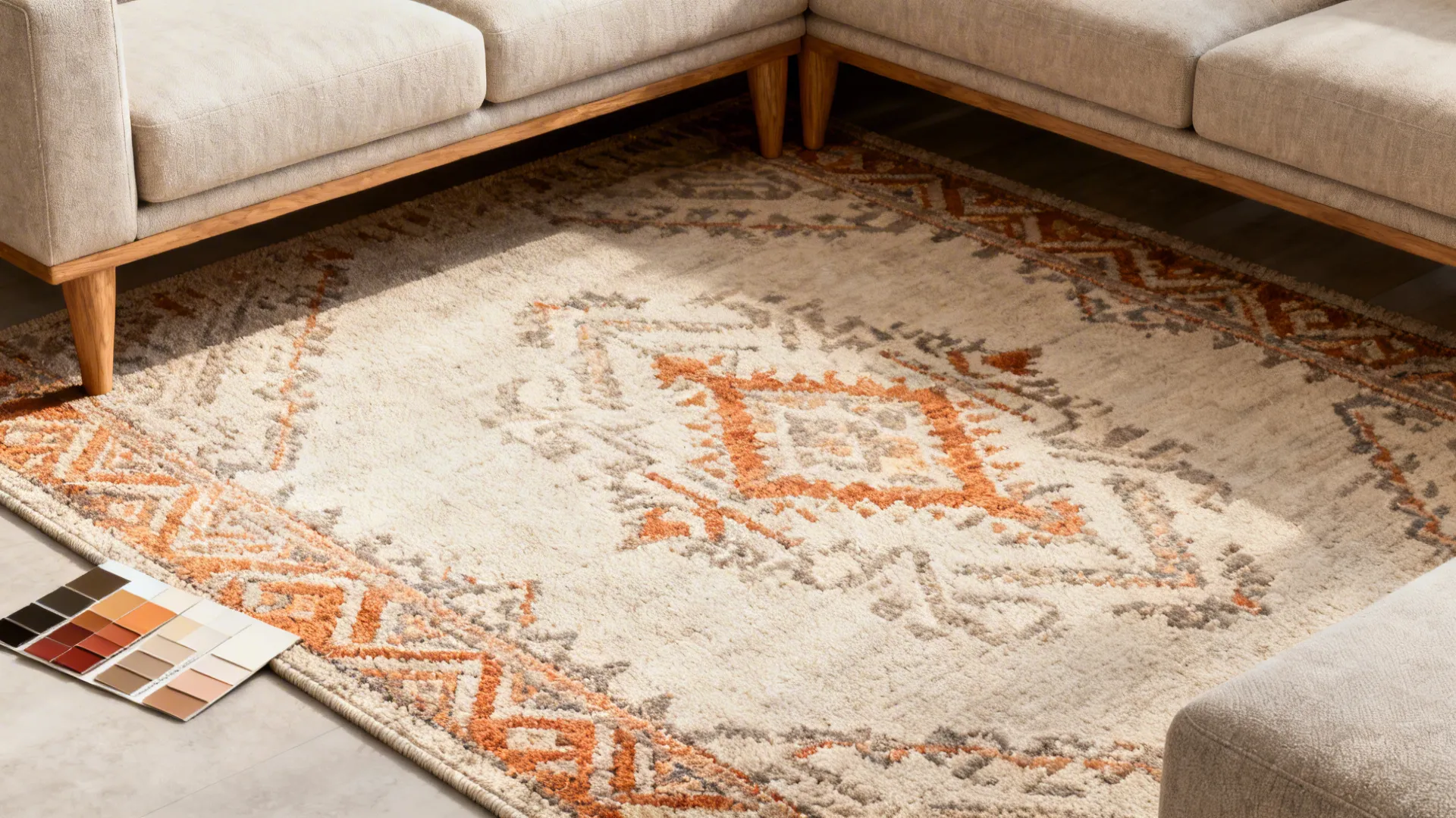 Top-down view of a rug anchoring a sectional with front legs on the rug and fabric color swatches alongside.