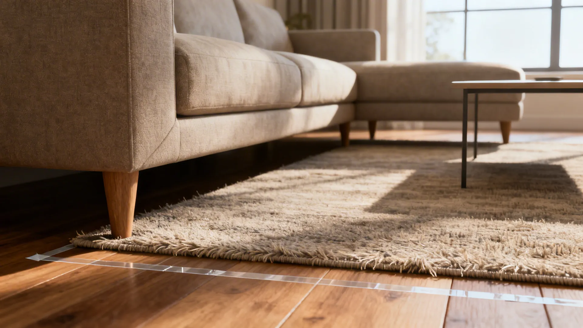 L-shaped sofa with front legs on a large rug extending beyond the coffee table