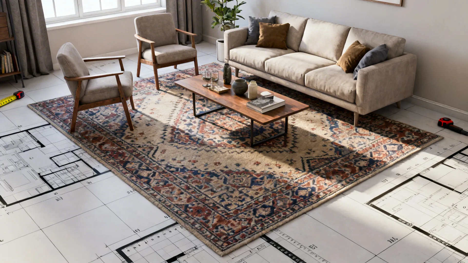Living room with a correctly sized patterned rug anchoring the seating area